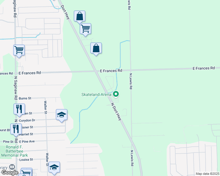 map of restaurants, bars, coffee shops, grocery stores, and more near 7 Danny Lane in Mount Morris