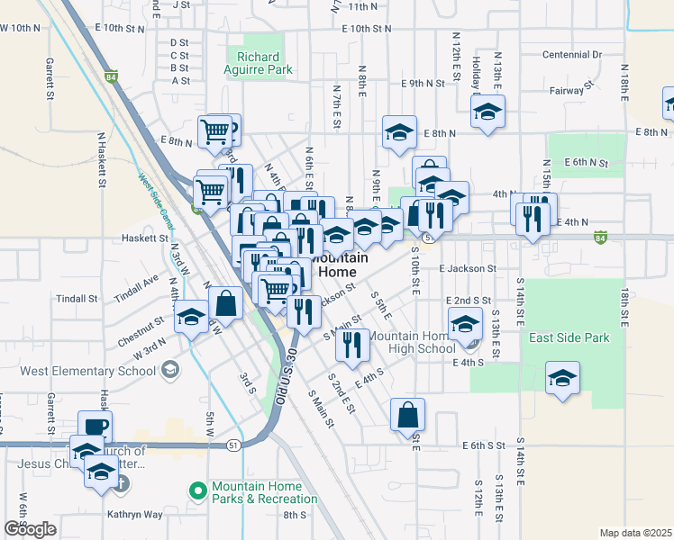 map of restaurants, bars, coffee shops, grocery stores, and more near 198 North 4th East in Mountain Home