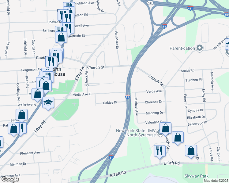 map of restaurants, bars, coffee shops, grocery stores, and more near 326 Wells Avenue East in Syracuse