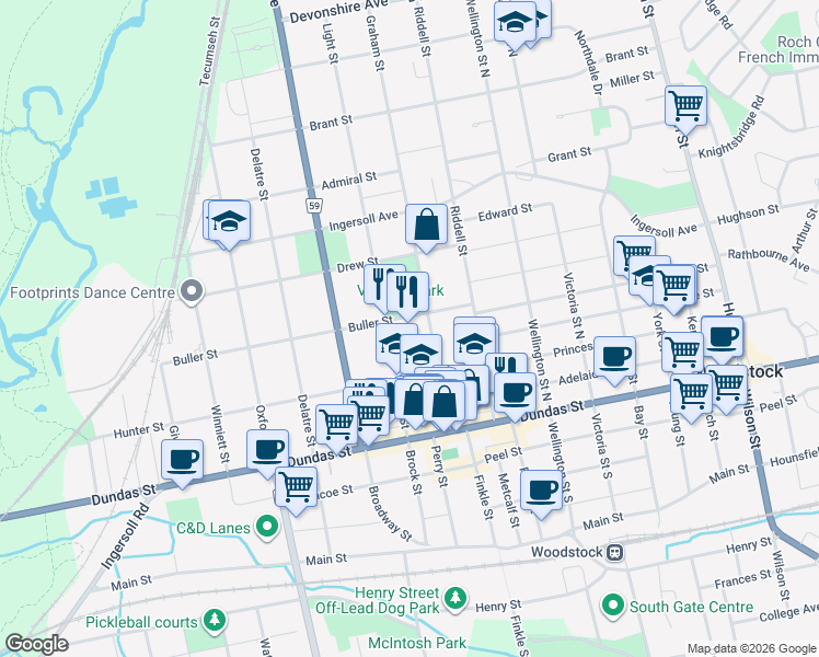 map of restaurants, bars, coffee shops, grocery stores, and more near 410 Buller Street in Woodstock
