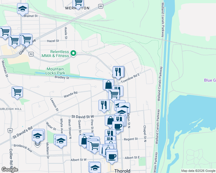 map of restaurants, bars, coffee shops, grocery stores, and more near 24 Townline Road West in St. Catharines