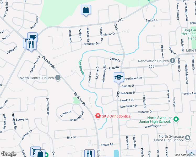 map of restaurants, bars, coffee shops, grocery stores, and more near 106 Kaymar Drive in Syracuse