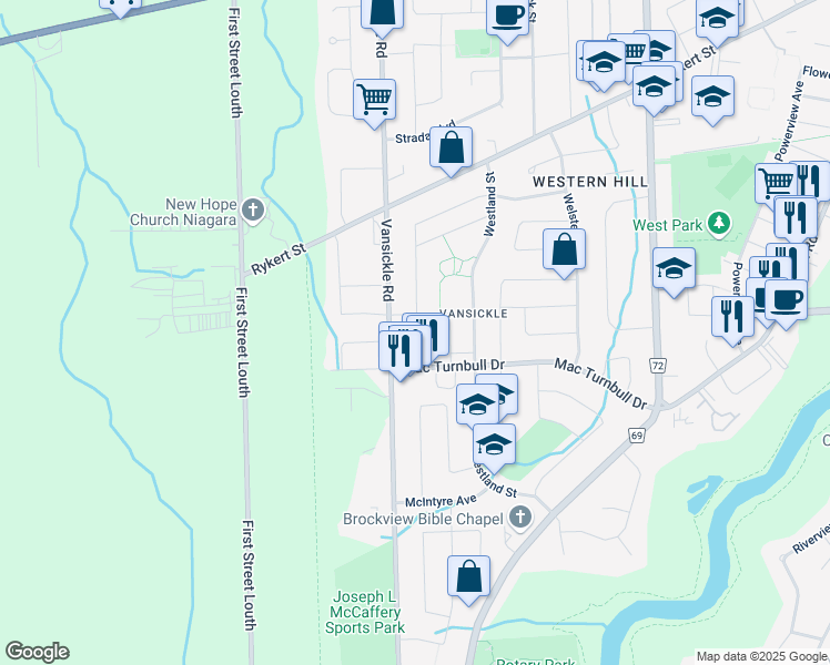 map of restaurants, bars, coffee shops, grocery stores, and more near 11 Cozocar Crescent in St. Catharines