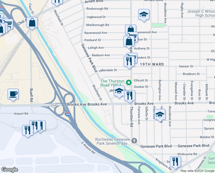 map of restaurants, bars, coffee shops, grocery stores, and more near 769 Genesee Park Boulevard in Rochester