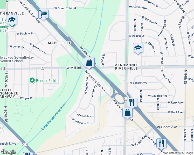 map of restaurants, bars, coffee shops, grocery stores, and more near 9520 West Fond Du Lac Avenue in Milwaukee