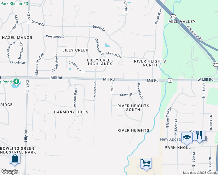 map of restaurants, bars, coffee shops, grocery stores, and more near W130N6375 River Drive in Menomonee Falls
