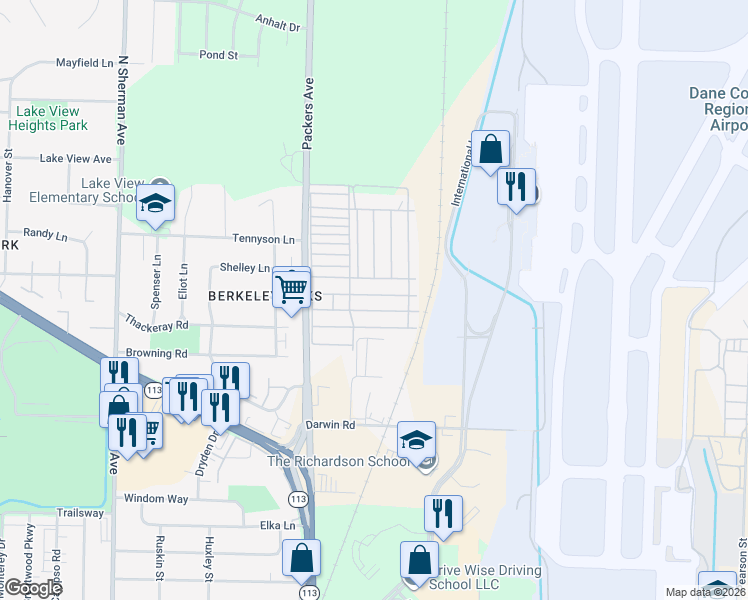 map of restaurants, bars, coffee shops, grocery stores, and more near 499 Blackbird Lane in Madison