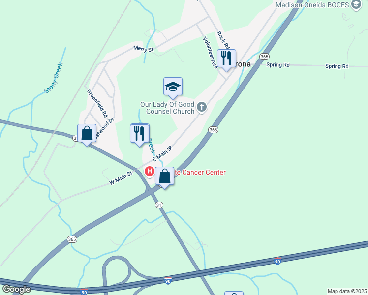 map of restaurants, bars, coffee shops, grocery stores, and more near 5618 East Main Street in Verona