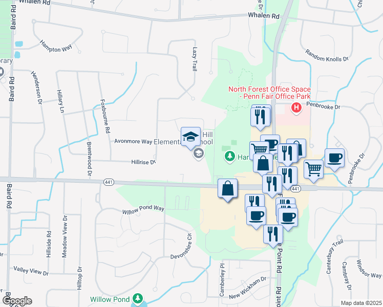 map of restaurants, bars, coffee shops, grocery stores, and more near 2126 Penfield Road in Penfield