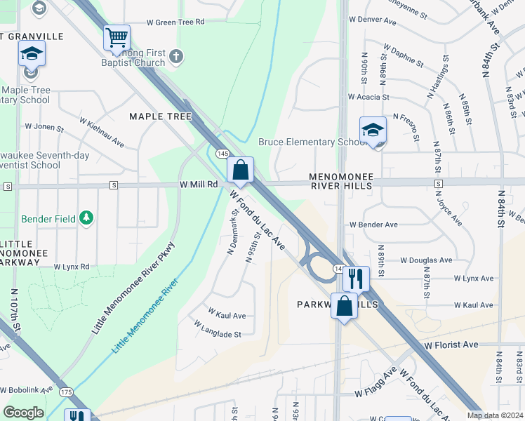 map of restaurants, bars, coffee shops, grocery stores, and more near 9520 West Fond Du Lac Avenue in Milwaukee