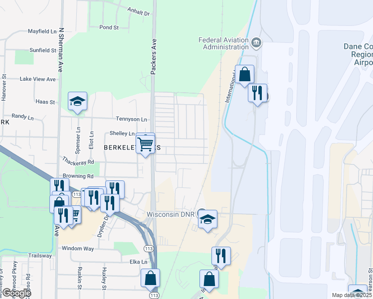 map of restaurants, bars, coffee shops, grocery stores, and more near 499 Blackbird Lane in Madison