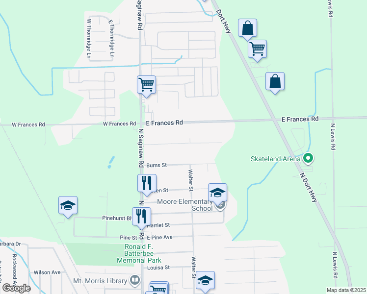 map of restaurants, bars, coffee shops, grocery stores, and more near 1100 Paul Street in Mount Morris
