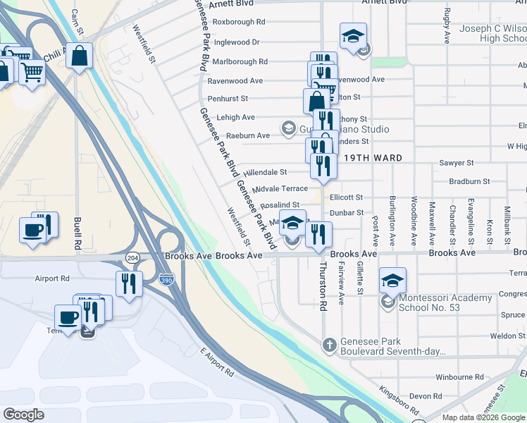 map of restaurants, bars, coffee shops, grocery stores, and more near 769 Genesee Park Boulevard in Rochester