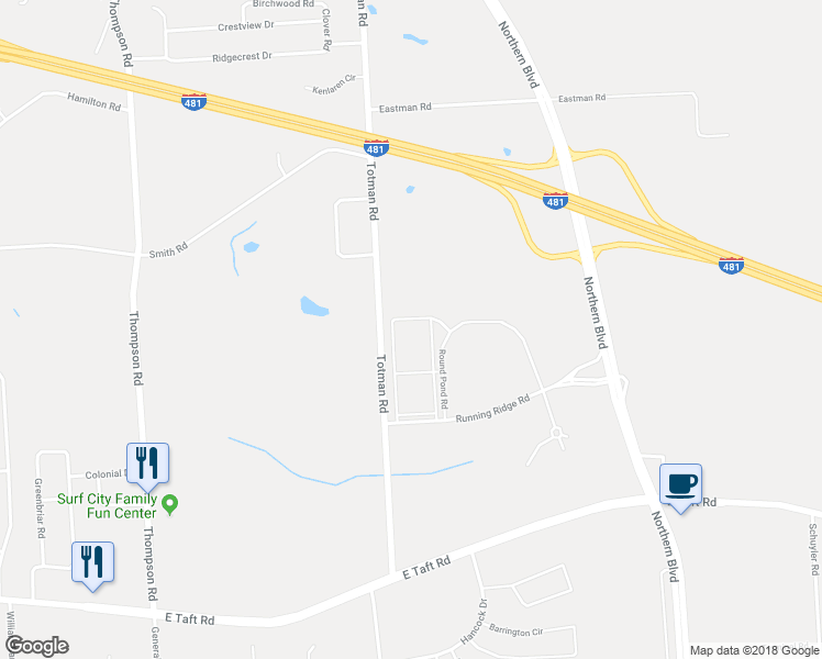 map of restaurants, bars, coffee shops, grocery stores, and more near 7502 Round Pond Road in Syracuse