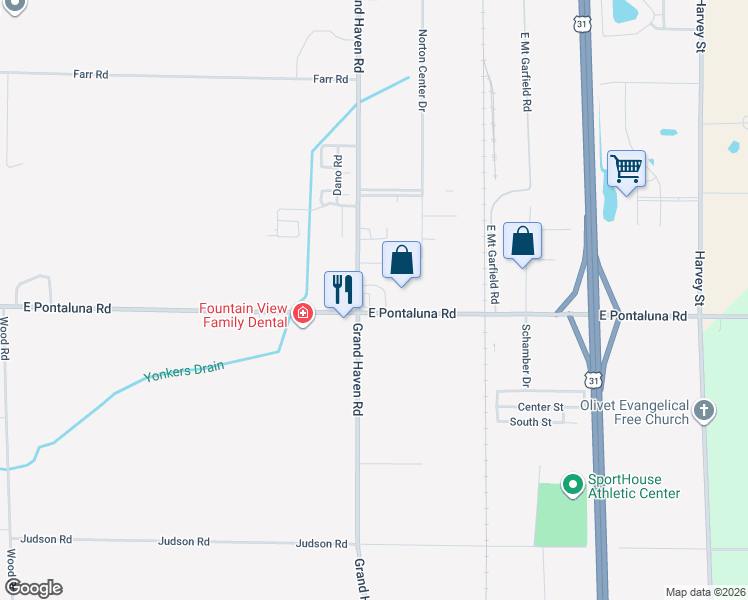 map of restaurants, bars, coffee shops, grocery stores, and more near 6528 Grand Haven Road in Norton Shores