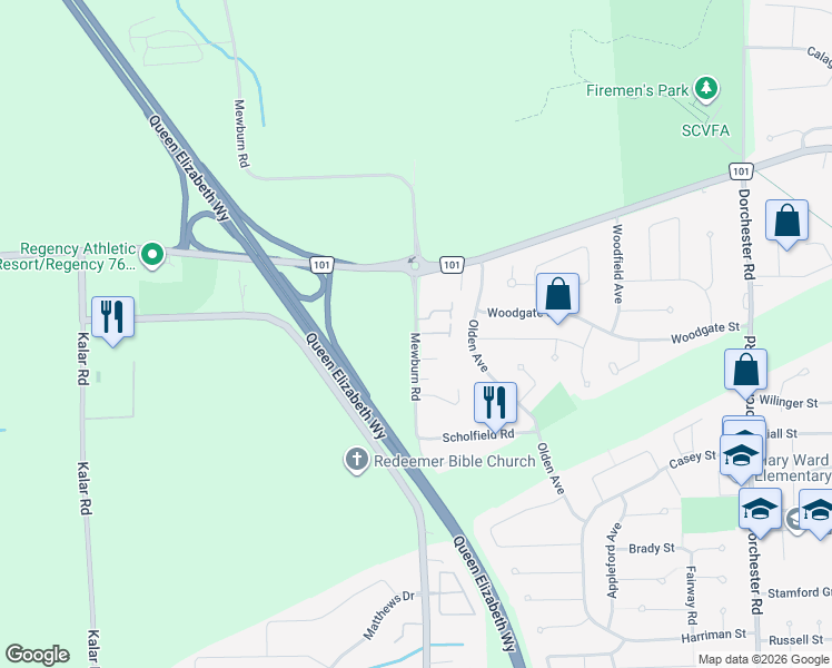 map of restaurants, bars, coffee shops, grocery stores, and more near 2720 Mewburn Road in Niagara Falls