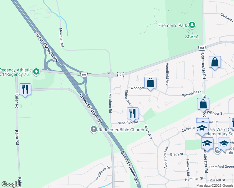 map of restaurants, bars, coffee shops, grocery stores, and more near 24 Mewburn Road in Niagara Falls