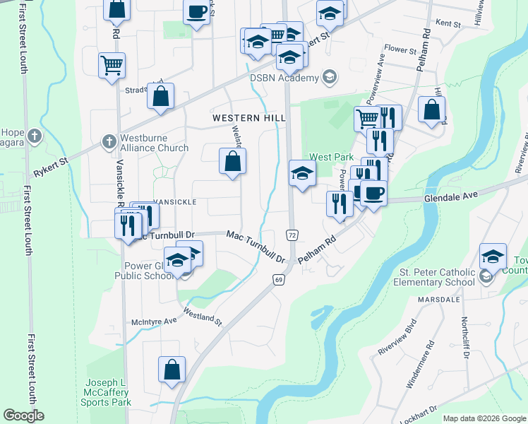 map of restaurants, bars, coffee shops, grocery stores, and more near 54 Valley Road in St. Catharines