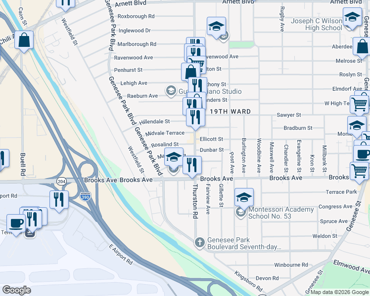 map of restaurants, bars, coffee shops, grocery stores, and more near 34 Margaret Street in Rochester