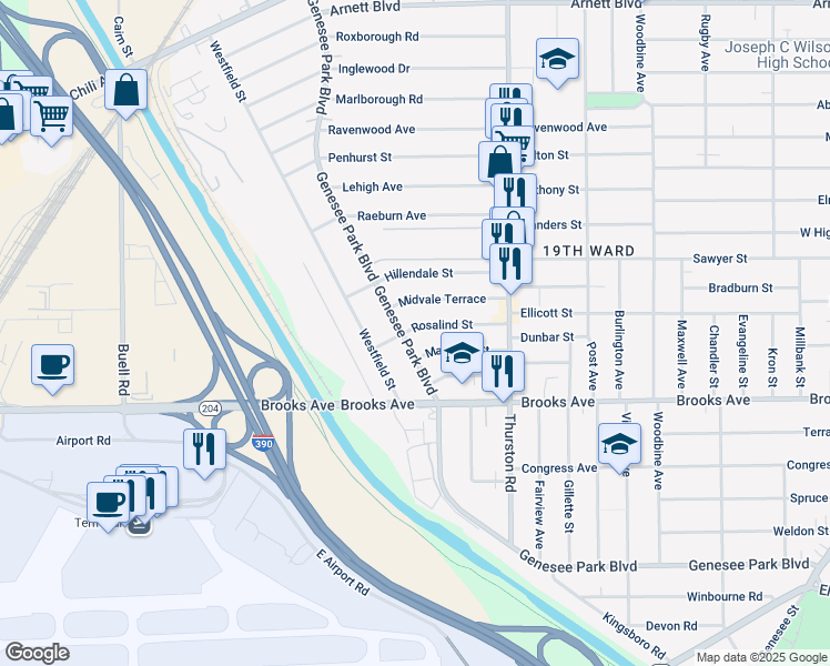 map of restaurants, bars, coffee shops, grocery stores, and more near 769 Genesee Park Boulevard in Rochester
