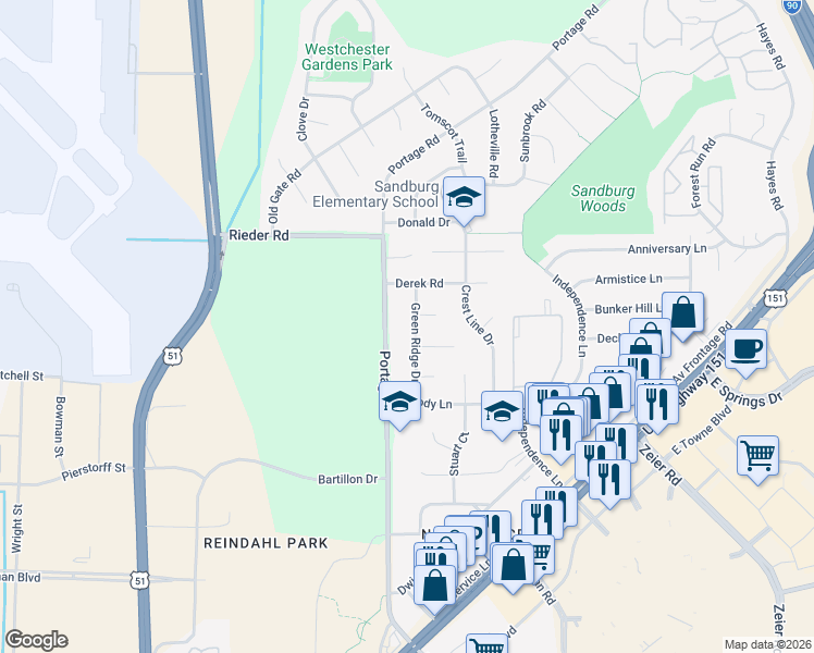 map of restaurants, bars, coffee shops, grocery stores, and more near 2602 Green Ridge Drive in Madison