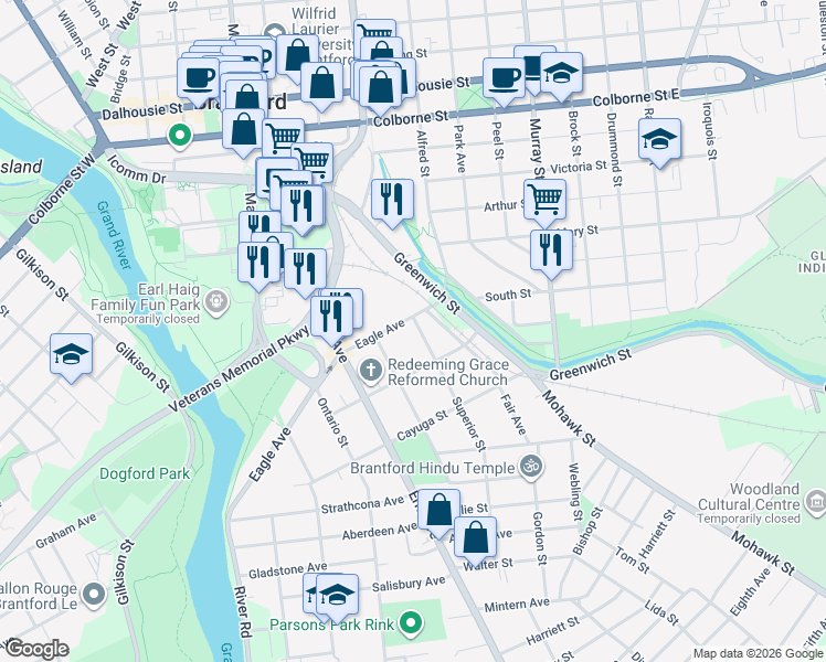 map of restaurants, bars, coffee shops, grocery stores, and more near 8 Huron Street in Brantford