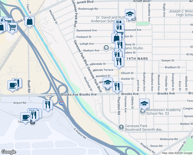 map of restaurants, bars, coffee shops, grocery stores, and more near 769 Genesee Park Boulevard in Rochester