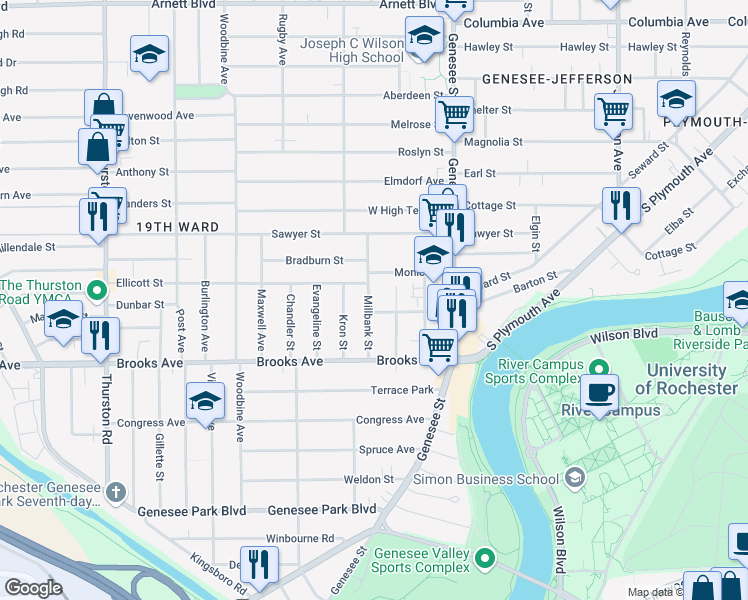 map of restaurants, bars, coffee shops, grocery stores, and more near 98 Millbank Street in Rochester