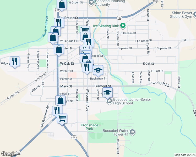 map of restaurants, bars, coffee shops, grocery stores, and more near Buchanan Street in Boscobel