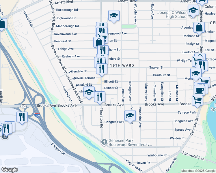 map of restaurants, bars, coffee shops, grocery stores, and more near 70 Dunbar Street in Rochester