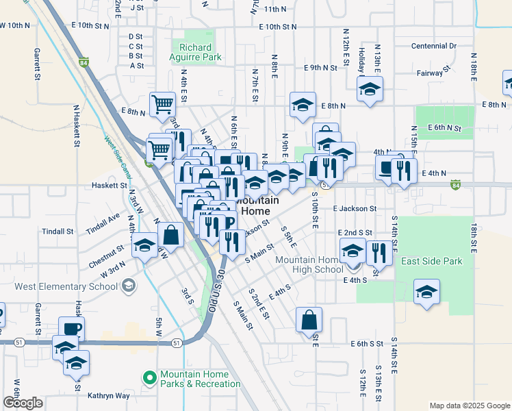 map of restaurants, bars, coffee shops, grocery stores, and more near in Mountain Home