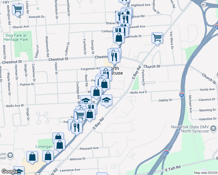 map of restaurants, bars, coffee shops, grocery stores, and more near 301 South Main Street in Syracuse