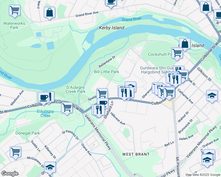 map of restaurants, bars, coffee shops, grocery stores, and more near 10 Spalding Drive in Brantford