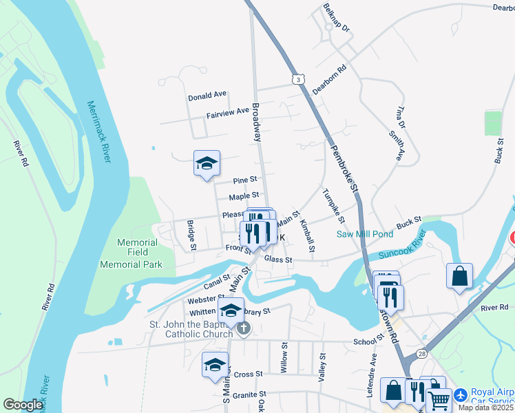 map of restaurants, bars, coffee shops, grocery stores, and more near 10 Broadway in Pembroke