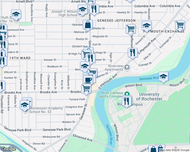map of restaurants, bars, coffee shops, grocery stores, and more near 199 Barton Street in Rochester