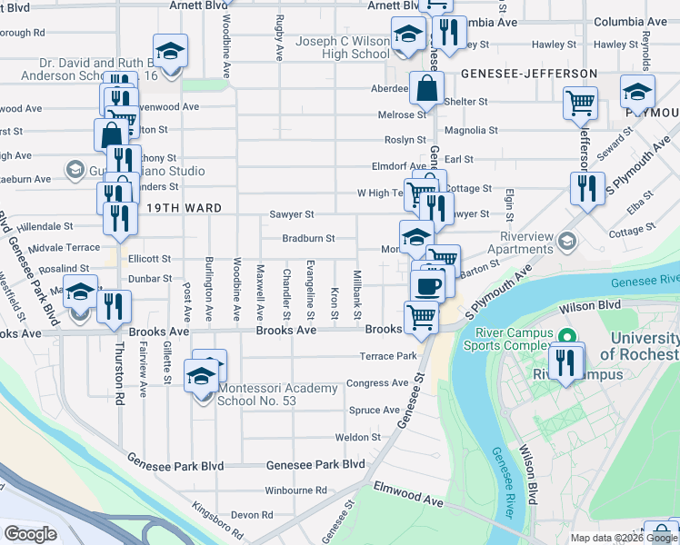map of restaurants, bars, coffee shops, grocery stores, and more near 117 Millbank Street in Rochester