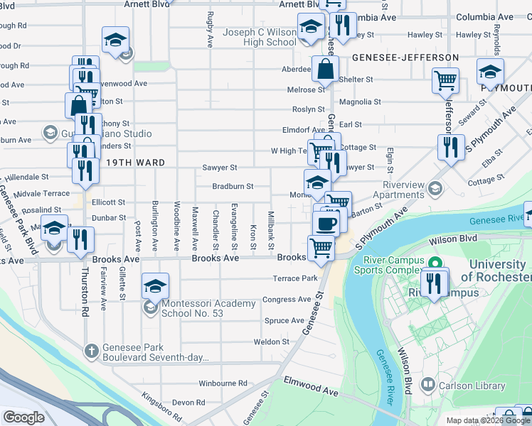 map of restaurants, bars, coffee shops, grocery stores, and more near 117 Millbank Street in Rochester
