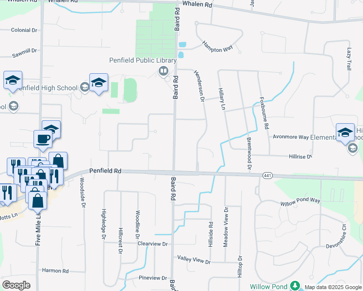 map of restaurants, bars, coffee shops, grocery stores, and more near 2078 Baird Road in Penfield