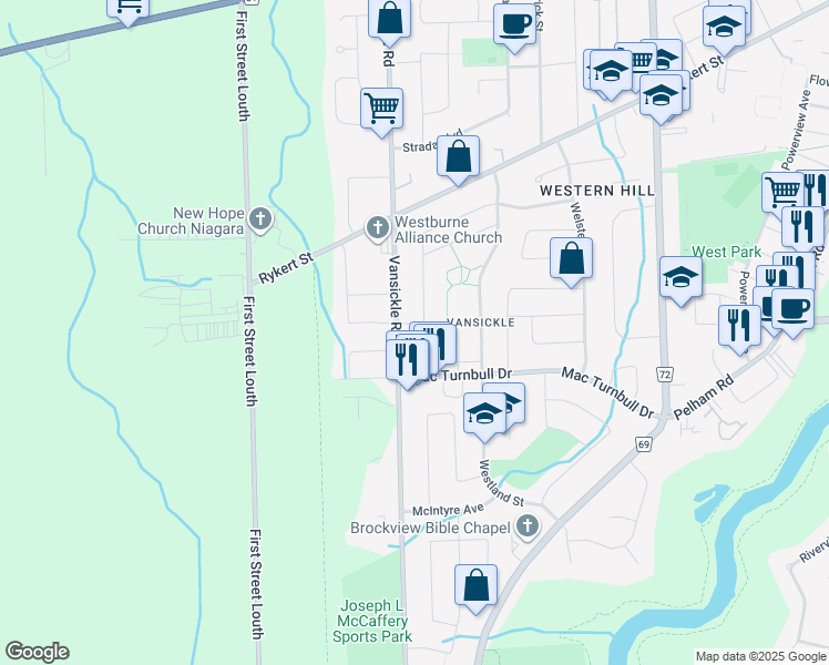 map of restaurants, bars, coffee shops, grocery stores, and more near 12 Maria Street in St. Catharines