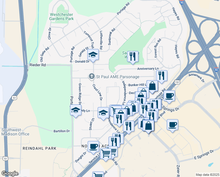 map of restaurants, bars, coffee shops, grocery stores, and more near 4336 Melody Lane in Madison