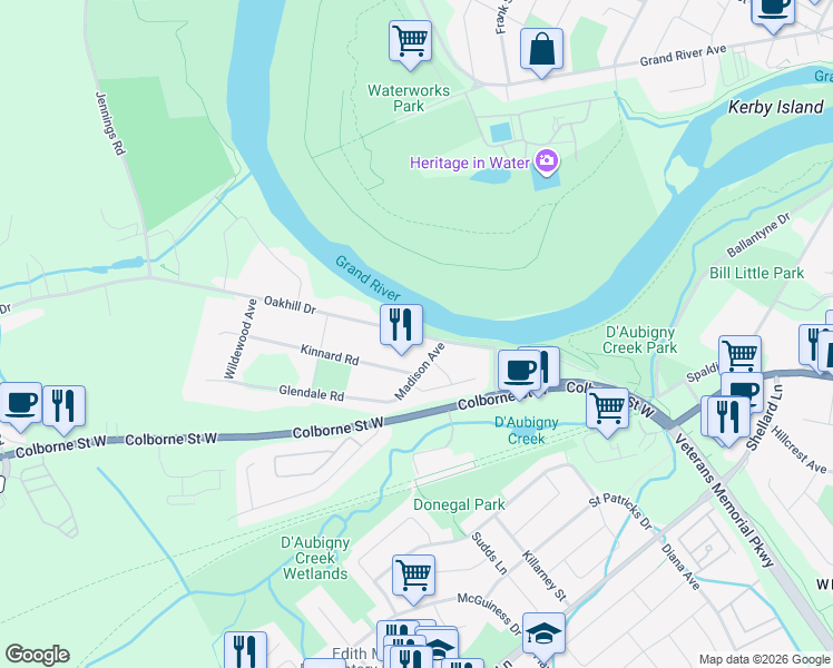 map of restaurants, bars, coffee shops, grocery stores, and more near 35 Oakhill Drive in Brantford