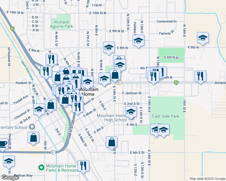 map of restaurants, bars, coffee shops, grocery stores, and more near 590 East 2nd South Street in Mountain Home