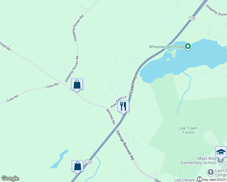 map of restaurants, bars, coffee shops, grocery stores, and more near Spruce Drive in Lee
