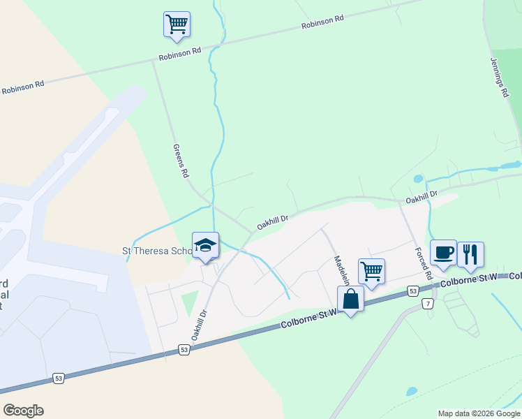 map of restaurants, bars, coffee shops, grocery stores, and more near 322 Oakhill Drive in Brantford