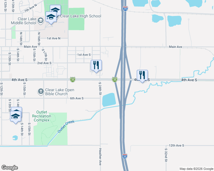 map of restaurants, bars, coffee shops, grocery stores, and more near 2302 6th Avenue South in Clear Lake
