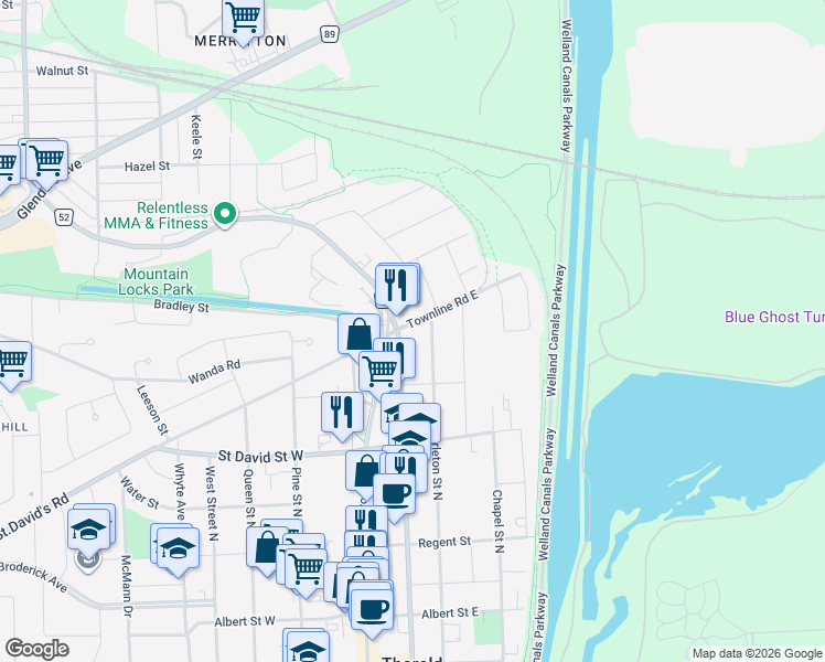 map of restaurants, bars, coffee shops, grocery stores, and more near in Thorold