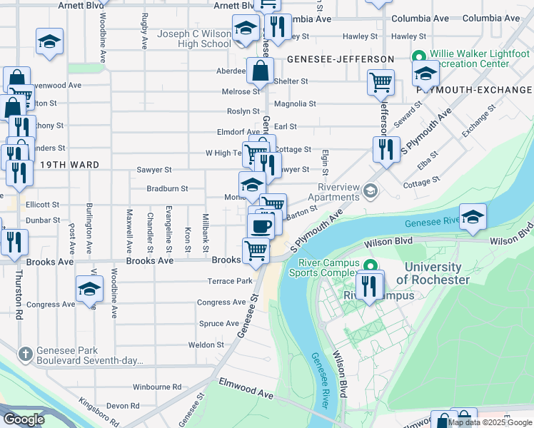 map of restaurants, bars, coffee shops, grocery stores, and more near Genesee St & Seward St in Rochester