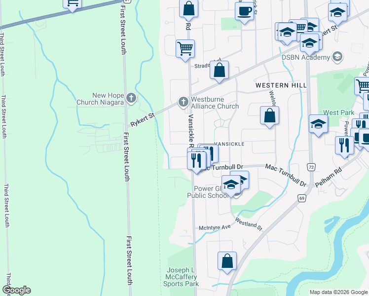 map of restaurants, bars, coffee shops, grocery stores, and more near 6 Briarwood Drive in St. Catharines