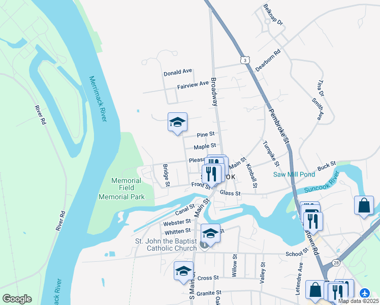 map of restaurants, bars, coffee shops, grocery stores, and more near 24 Pleasant Street in Suncook