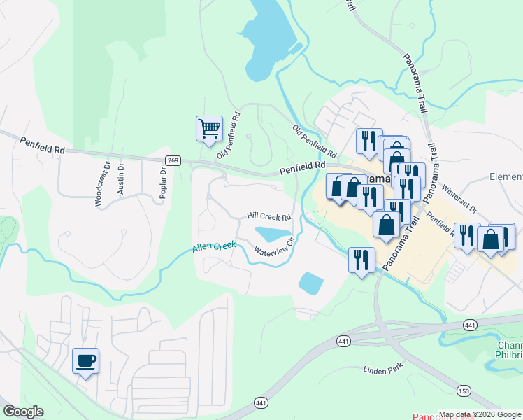 map of restaurants, bars, coffee shops, grocery stores, and more near 27 Hill Creek Road in Rochester